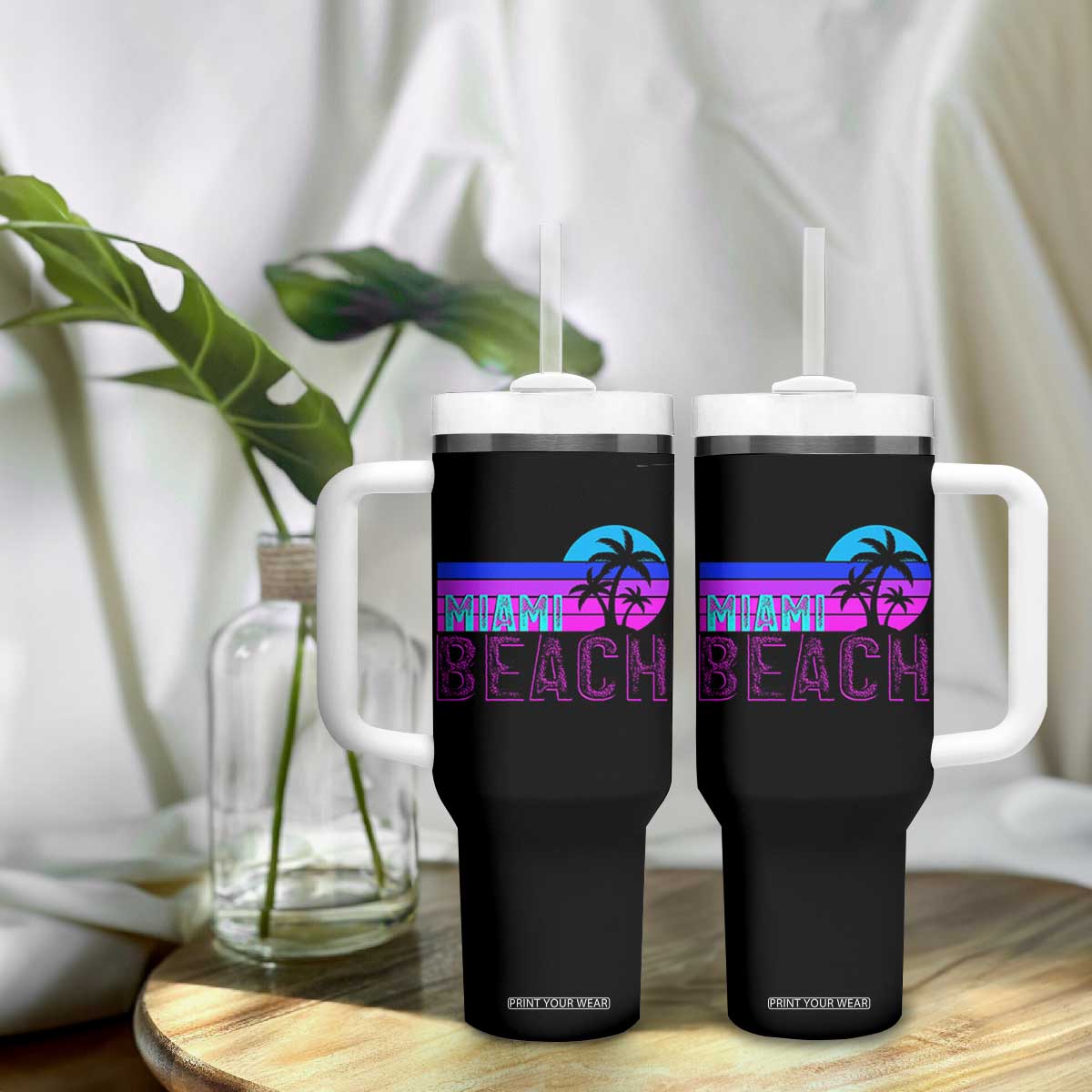 Vintage Miami Beach Tumbler With Handle Florida Proud Floridian Retro Palms Trees