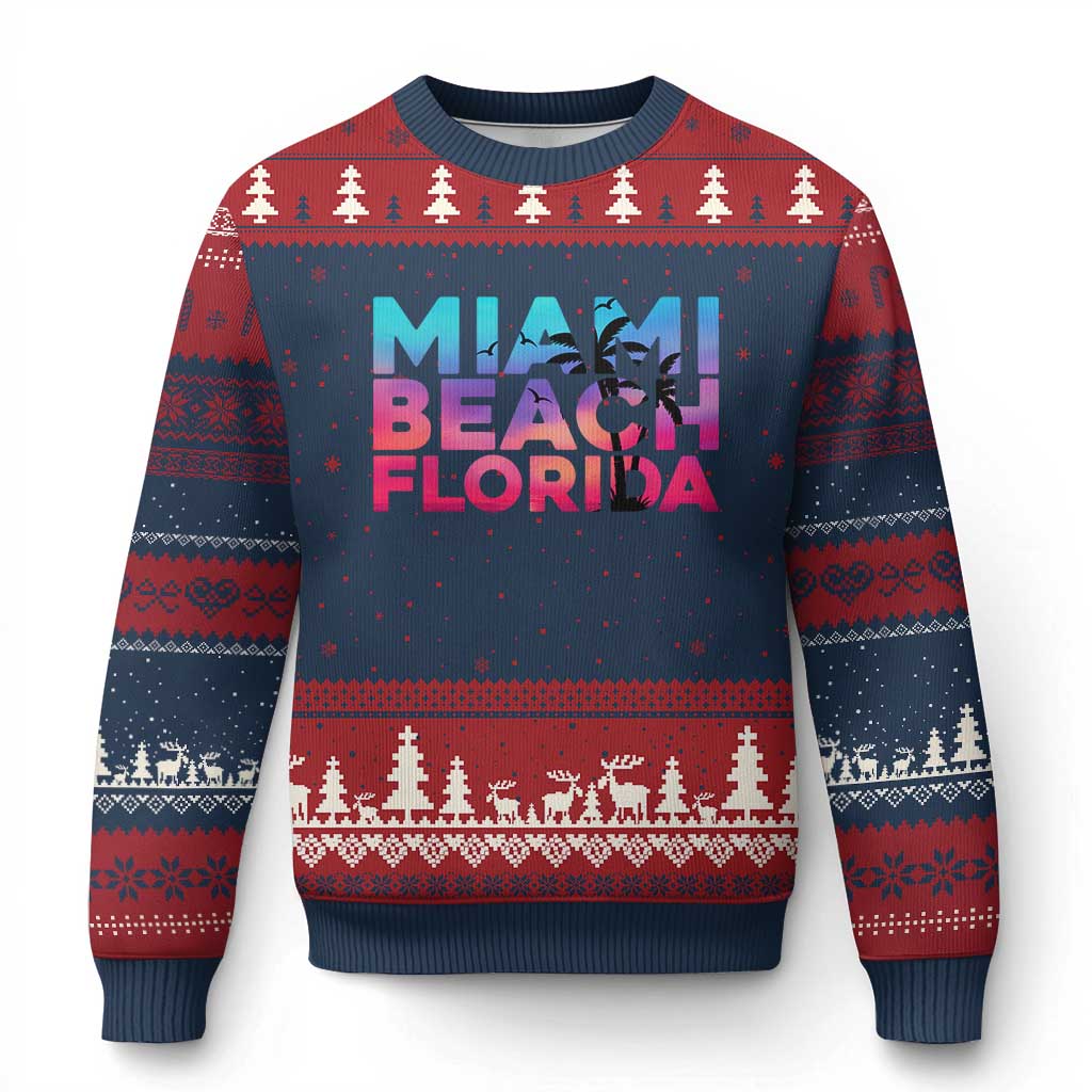 Miami Beach Florida Proud Ugly Christmas Sweater Floridian Retro Palms Trees TS14 Navy Red Print Your Wear