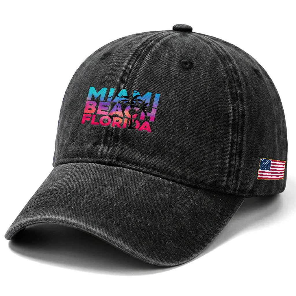 Miami Beach Florida Proud Washed Cotton Baseball Cap Floridian Retro Palms Trees