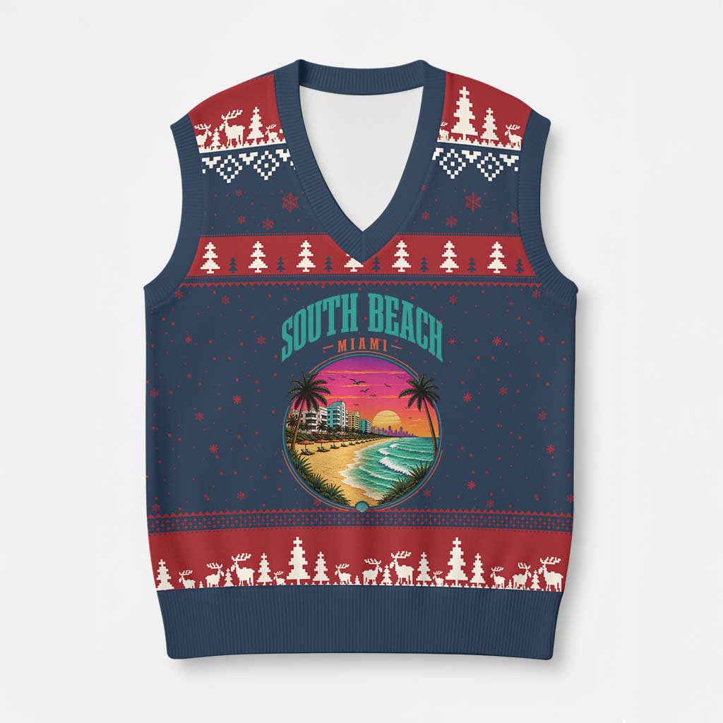 South Beach Miami V-Neck Knit Sweater Vest Retro Florida USA Souvenir Gift TS14 Navy Red Print Your Wear