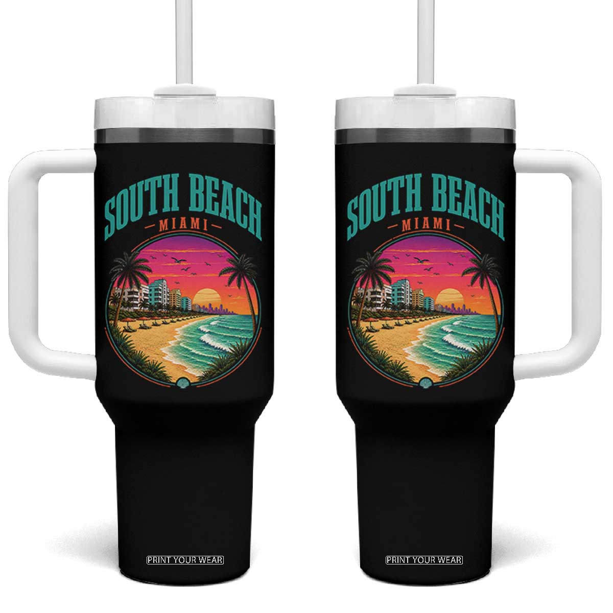 South Beach Miami Tumbler With Handle Retro Florida USA Souvenir Gift TS14 One Size: 40 oz Black Print Your Wear