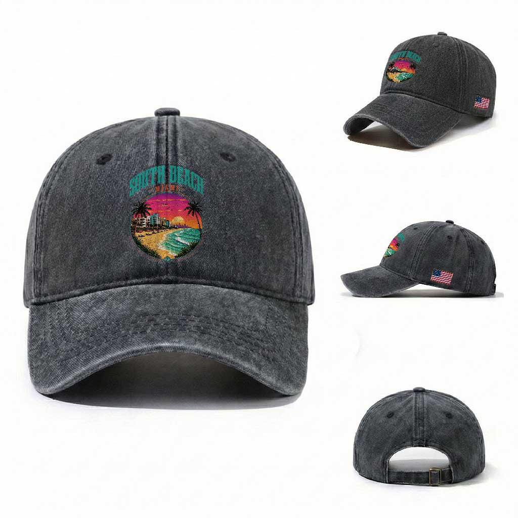 South Beach Miami Washed Cotton Baseball Cap Retro Florida USA Souvenir Gift