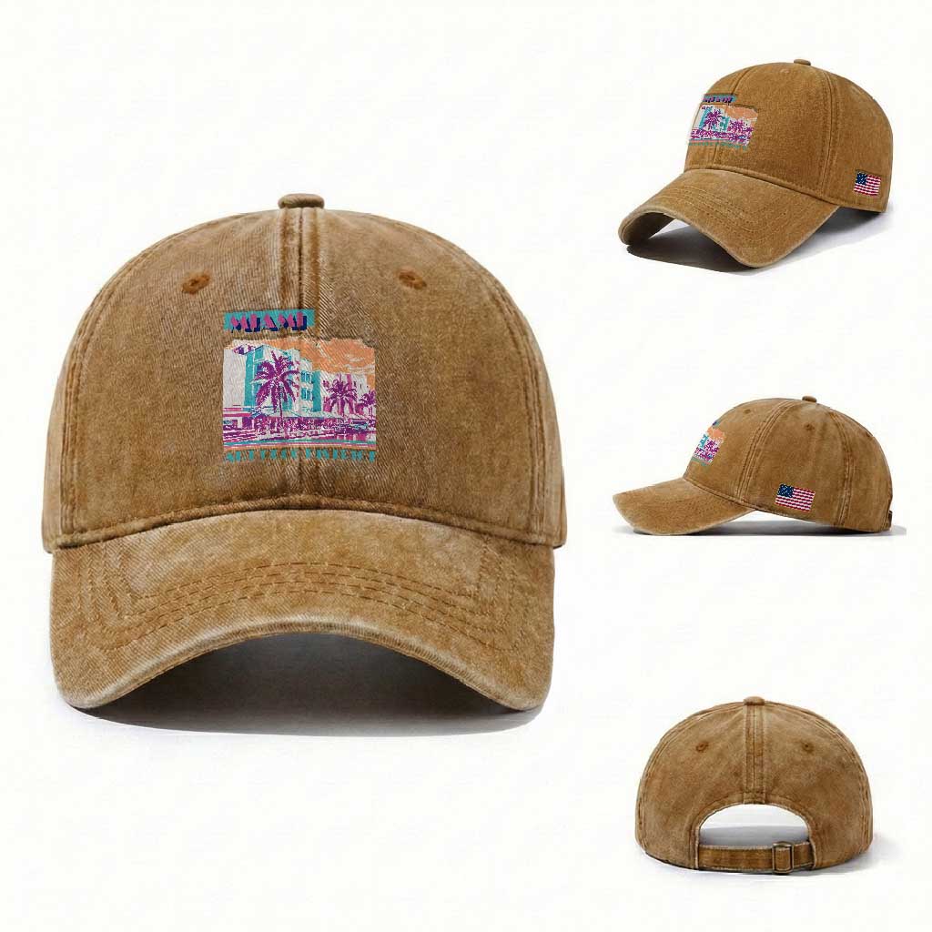 Vintage Miami Florida Art Deco Washed Cotton Baseball Cap Miami City Pride Graphic