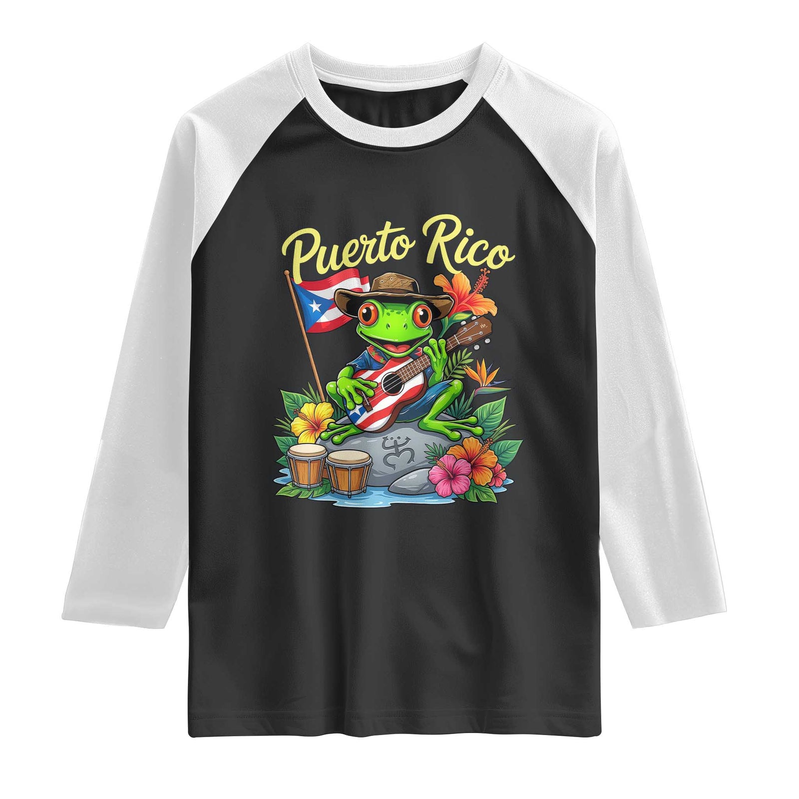 Hispanic Heritage Month Raglan Shirt Taino Boricua Coqui Frog Puerto Rico TS14 Black White Print Your Wear