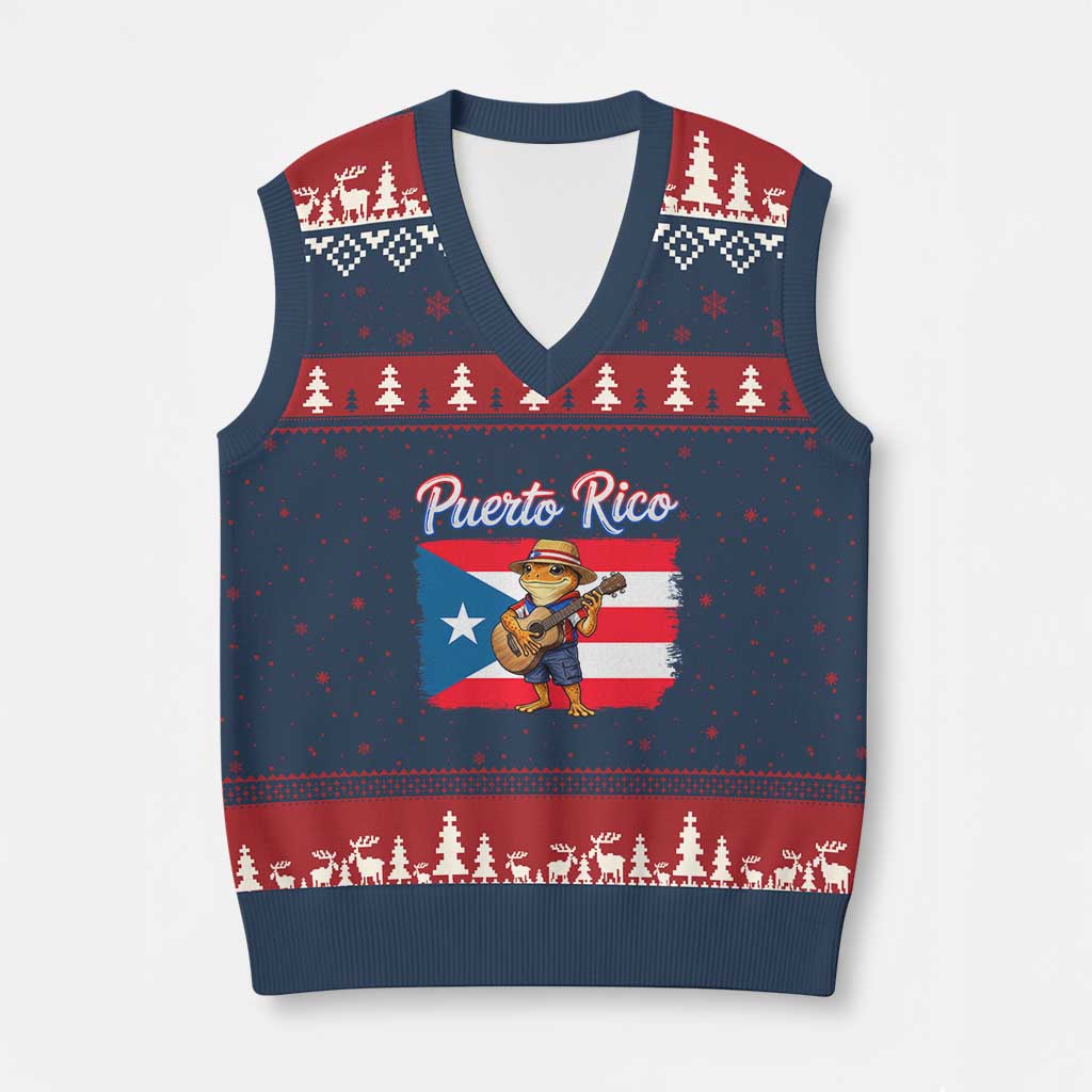 Coqui Frog Puerto Rico Flag V-Neck Knit Sweater Vest Puerto Rican Taino Boricua