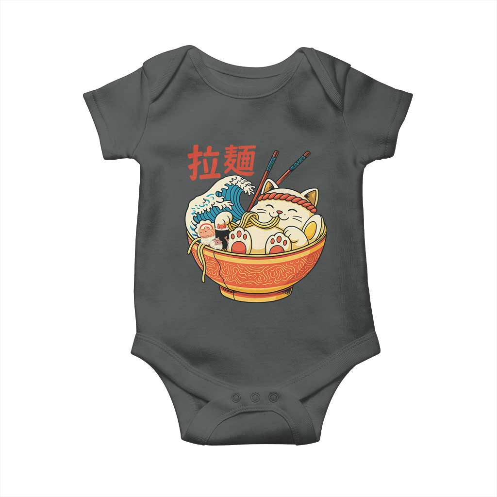 Funny Cat Ramen Baby Onesie Cute Japanese Sushi Kitty Eating Noodles TS14 Dark Heather Print Your Wear