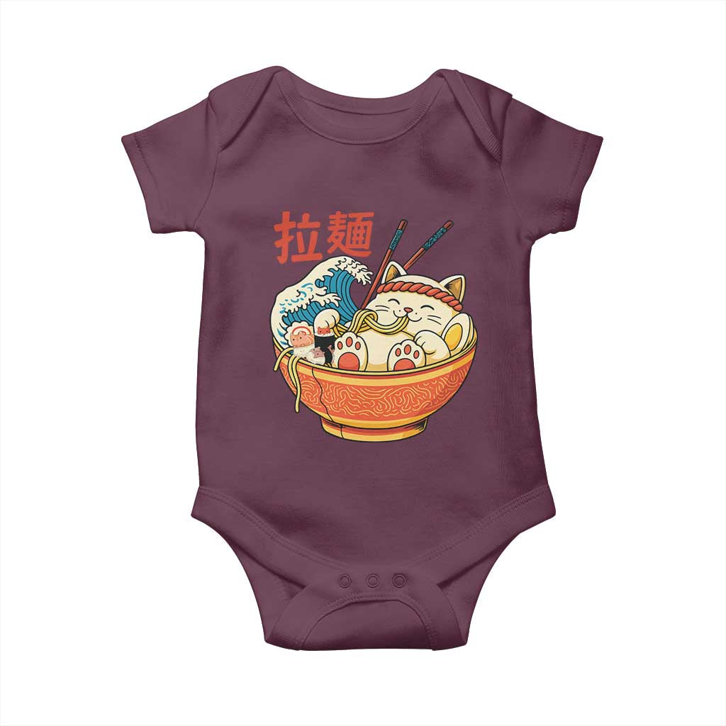 Funny Cat Ramen Baby Onesie Cute Japanese Sushi Kitty Eating Noodles TS14 Maroon Print Your Wear