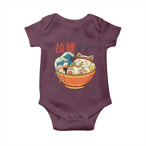 Funny Cat Ramen Baby Onesie Cute Japanese Sushi Kitty Eating Noodles TS14 Maroon Print Your Wear