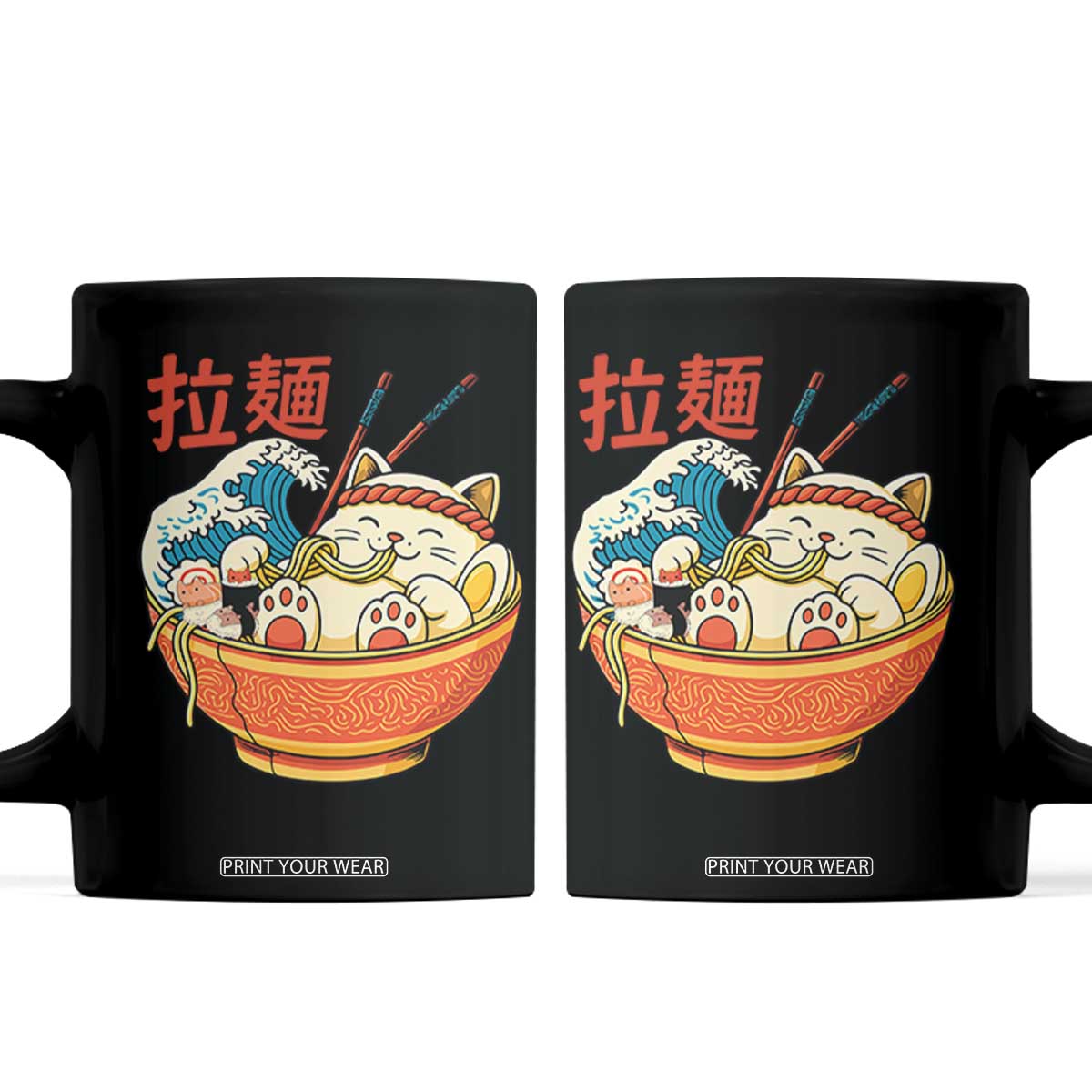 Funny Cat Ramen Coffee Mug Cute Japanese Sushi Kitty Eating Noodles TS14 Black Print Your Wear
