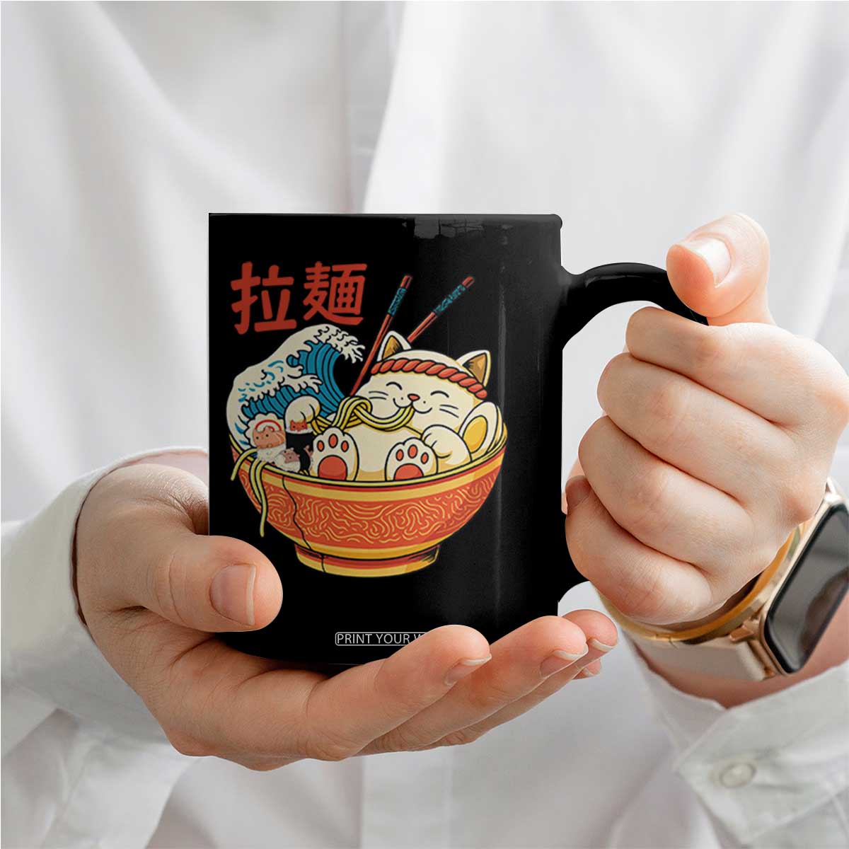 Funny Cat Ramen Coffee Mug Cute Japanese Sushi Kitty Eating Noodles TS14 Print Your Wear
