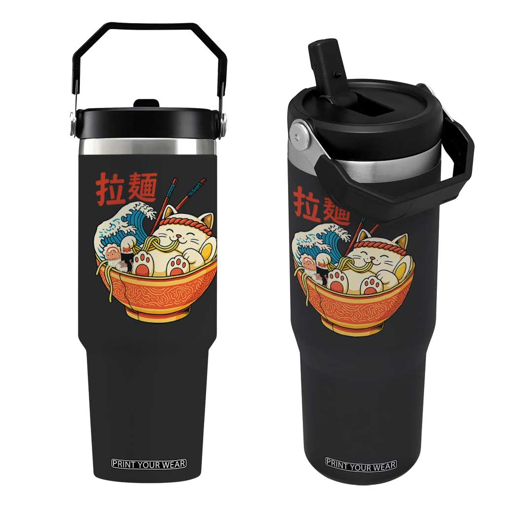 Funny Cat Ramen Flip Straw Tumbler Cute Japanese Sushi Kitty Eating Noodles TS14 One Size: 30 oz Black Print Your Wear