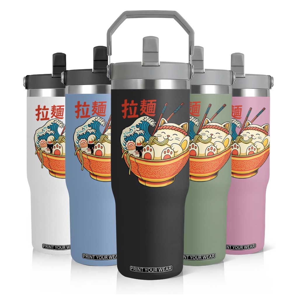Funny Cat Ramen Flip Straw Tumbler Cute Japanese Sushi Kitty Eating Noodles TS14 Print Your Wear