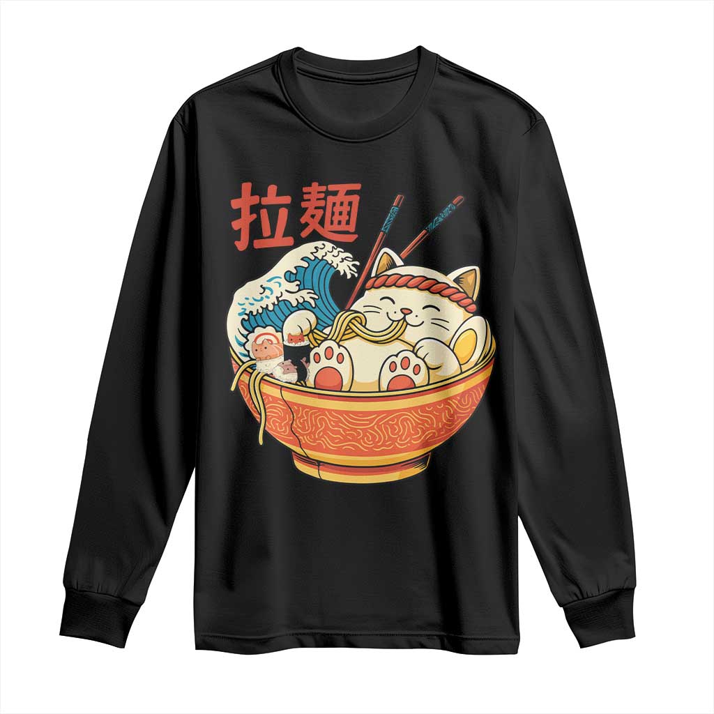 Funny Cat Ramen Long Sleeve Shirt Cute Japanese Sushi Kitty Eating Noodles TS14 Black Print Your Wear