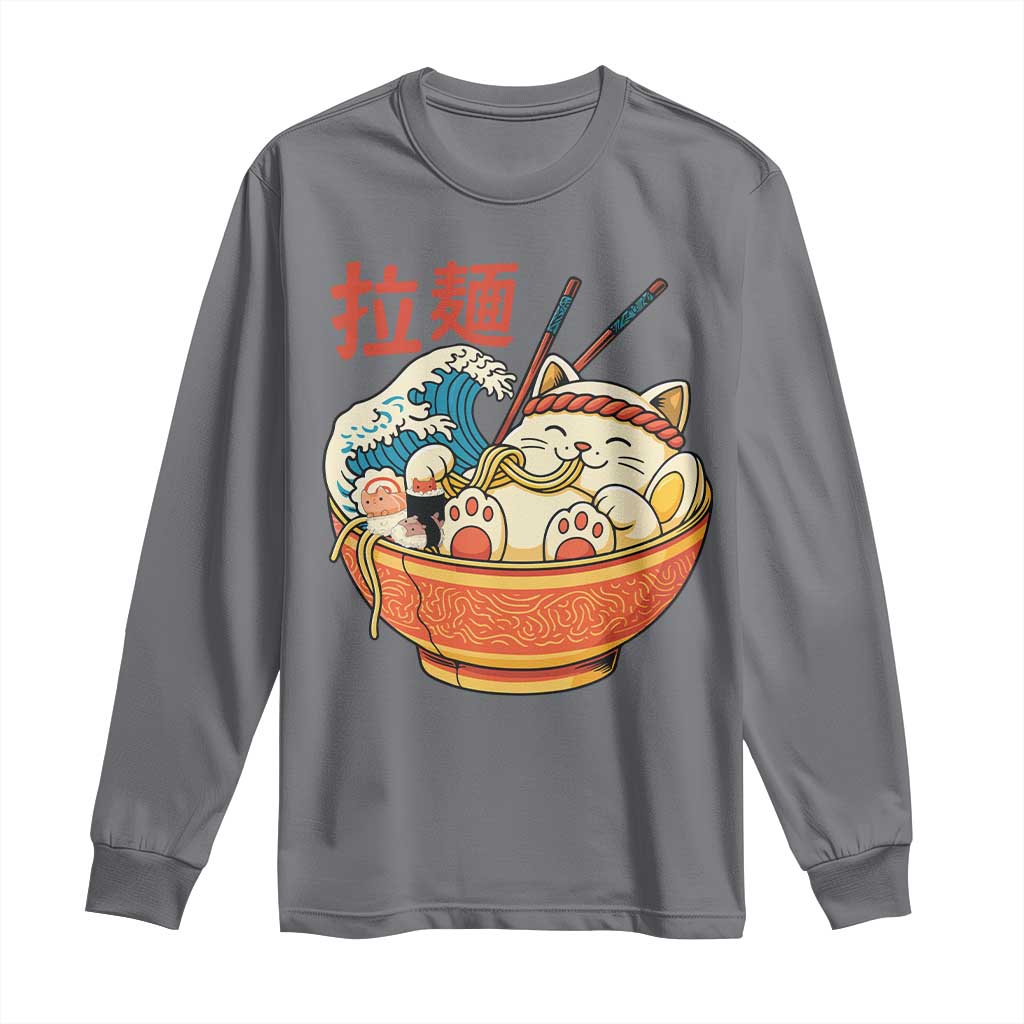 Funny Cat Ramen Long Sleeve Shirt Cute Japanese Sushi Kitty Eating Noodles TS14 Charcoal Print Your Wear