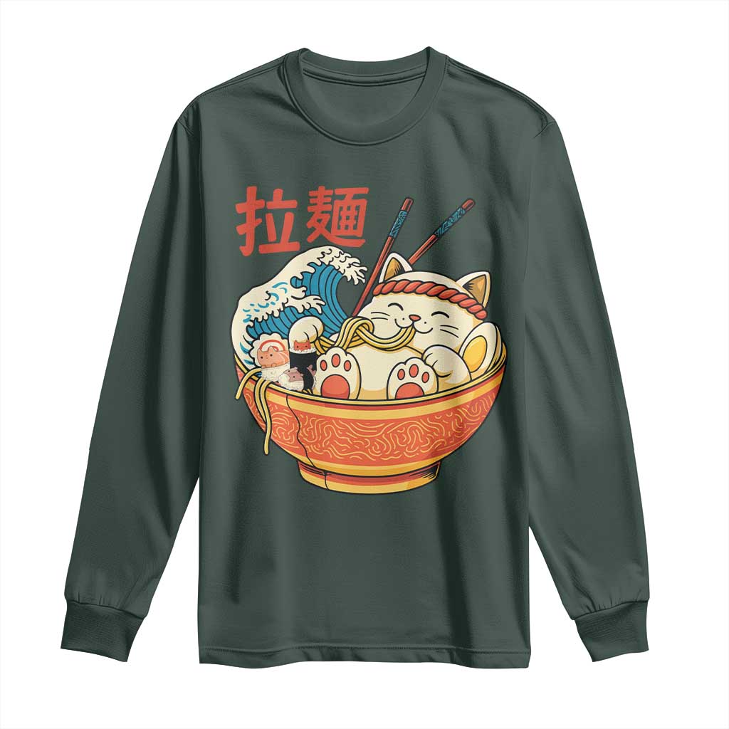 Funny Cat Ramen Long Sleeve Shirt Cute Japanese Sushi Kitty Eating Noodles TS14 Dark Forest Green Print Your Wear