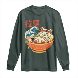 Funny Cat Ramen Long Sleeve Shirt Cute Japanese Sushi Kitty Eating Noodles TS14 Dark Forest Green Print Your Wear