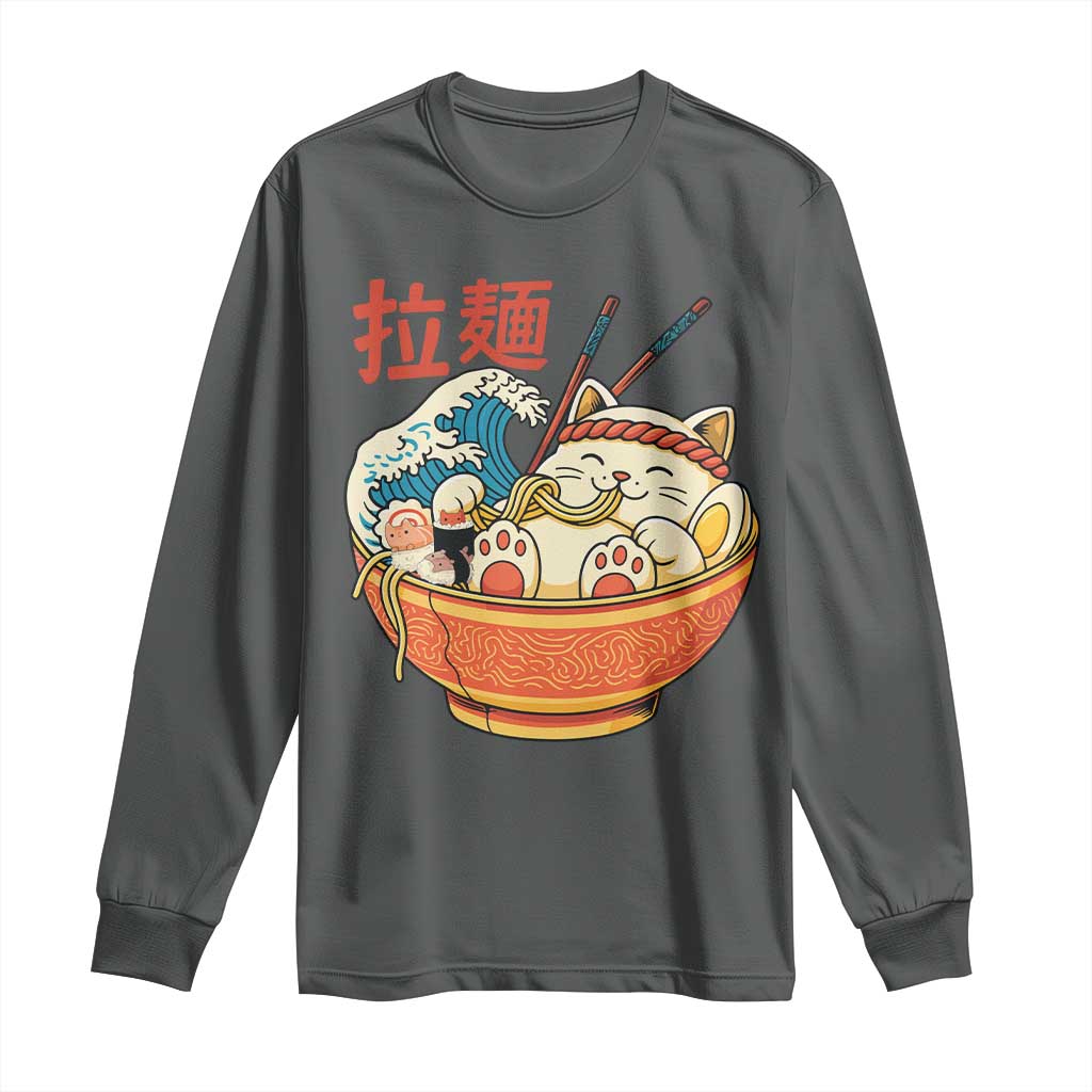 Funny Cat Ramen Long Sleeve Shirt Cute Japanese Sushi Kitty Eating Noodles TS14 Dark Heather Print Your Wear