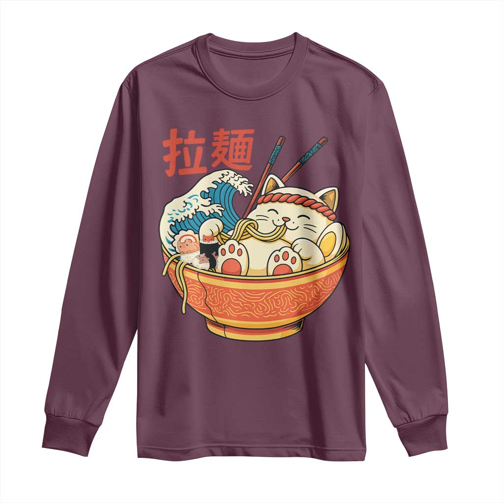 Funny Cat Ramen Long Sleeve Shirt Cute Japanese Sushi Kitty Eating Noodles TS14 Maroon Print Your Wear