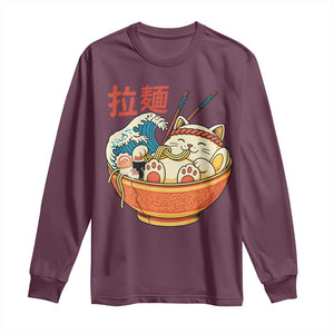 Funny Cat Ramen Long Sleeve Shirt Cute Japanese Sushi Kitty Eating Noodles TS14 Maroon Print Your Wear