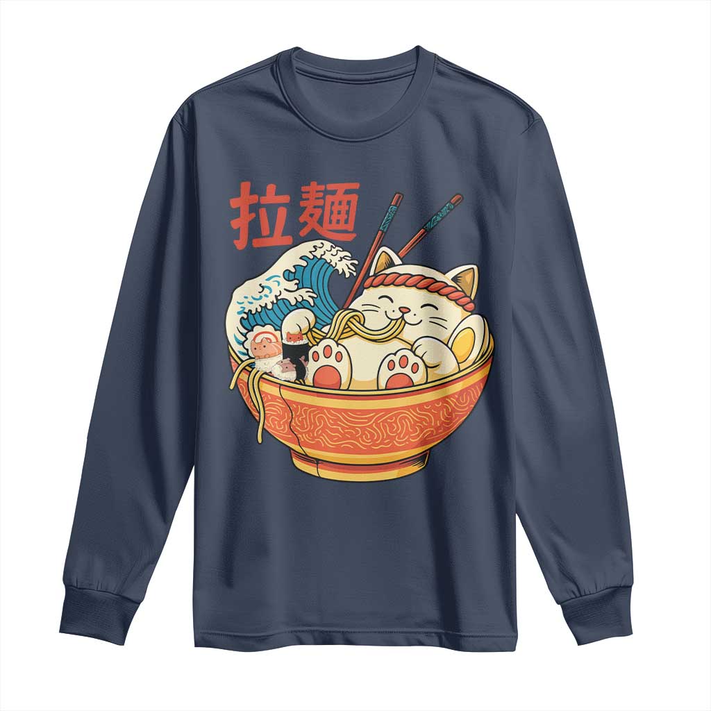 Funny Cat Ramen Long Sleeve Shirt Cute Japanese Sushi Kitty Eating Noodles TS14 Navy Print Your Wear