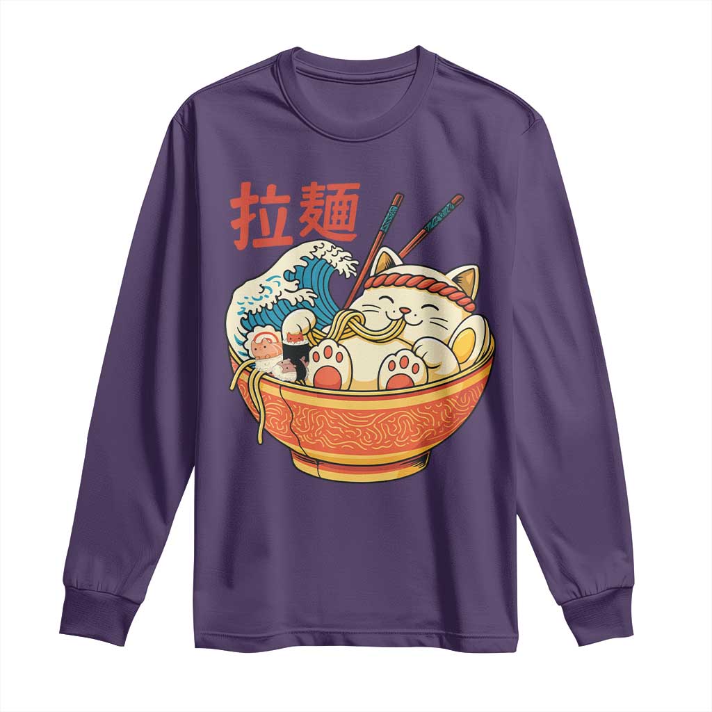 Funny Cat Ramen Long Sleeve Shirt Cute Japanese Sushi Kitty Eating Noodles TS14 Purple Print Your Wear