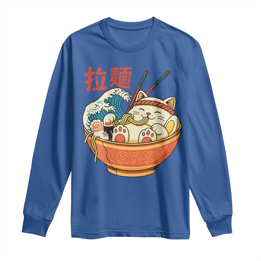Funny Cat Ramen Long Sleeve Shirt Cute Japanese Sushi Kitty Eating Noodles TS14 Royal Blue Print Your Wear