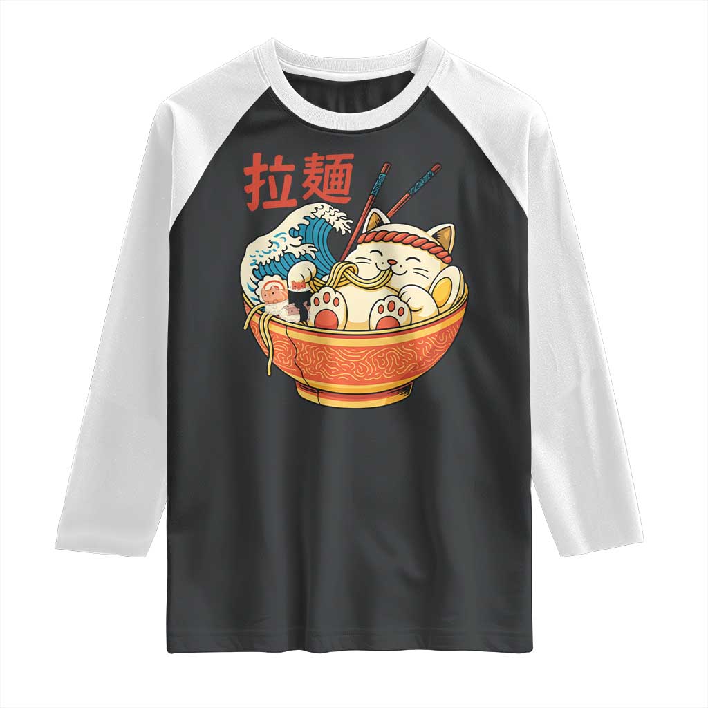 Funny Cat Ramen Raglan Shirt Cute Japanese Sushi Kitty Eating Noodles TS14 Black White Print Your Wear