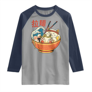 Funny Cat Ramen Raglan Shirt Cute Japanese Sushi Kitty Eating Noodles TS14 Sport Gray Navy Print Your Wear