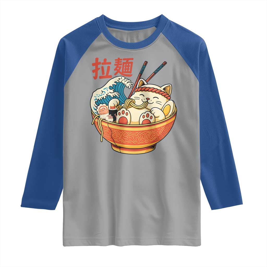 Funny Cat Ramen Raglan Shirt Cute Japanese Sushi Kitty Eating Noodles TS14 Sport Gray Royal Print Your Wear
