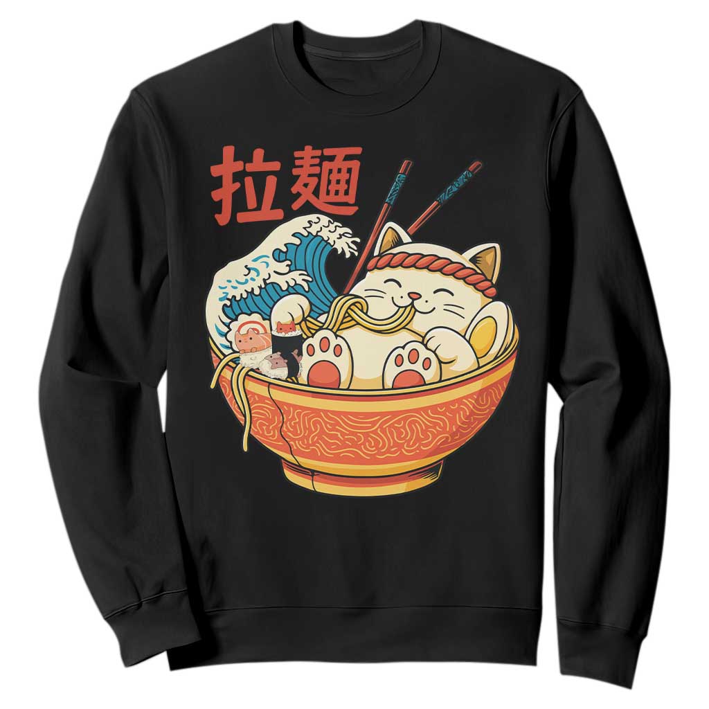 Funny Cat Ramen Sweatshirt Cute Japanese Sushi Kitty Eating Noodles TS14 Black Print Your Wear