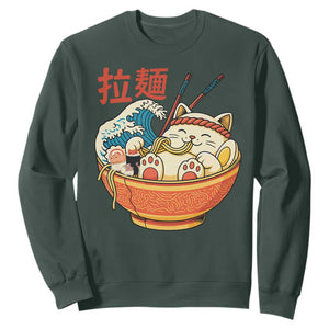 Funny Cat Ramen Sweatshirt Cute Japanese Sushi Kitty Eating Noodles TS14 Dark Forest Green Print Your Wear