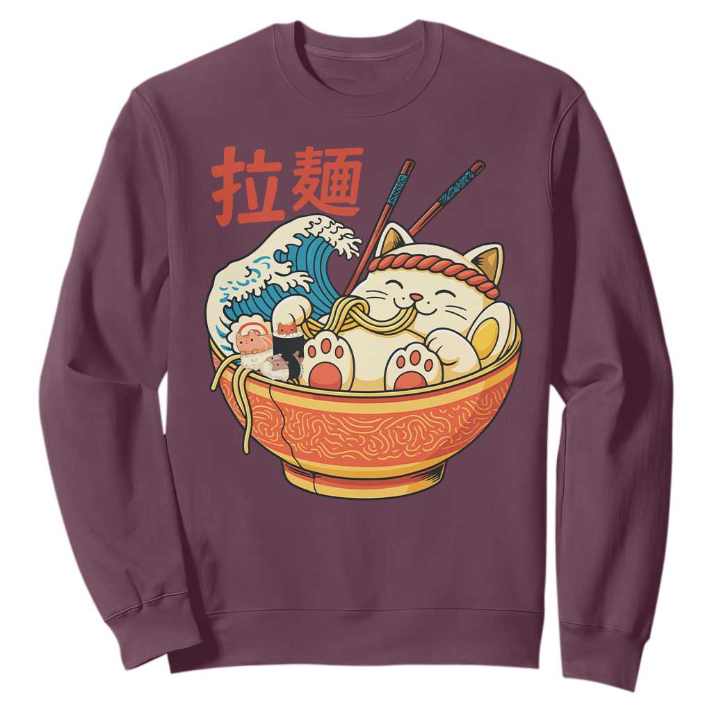Funny Cat Ramen Sweatshirt Cute Japanese Sushi Kitty Eating Noodles TS14 Maroon Print Your Wear