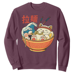 Funny Cat Ramen Sweatshirt Cute Japanese Sushi Kitty Eating Noodles TS14 Maroon Print Your Wear