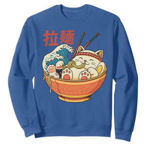 Funny Cat Ramen Sweatshirt Cute Japanese Sushi Kitty Eating Noodles TS14 Royal Blue Print Your Wear