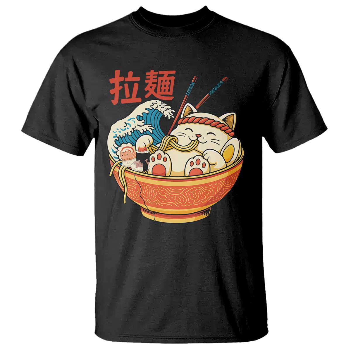 Funny Cat Ramen T Shirt Cute Japanese Sushi Kitty Eating Noodles TS14 Black Print Your Wear