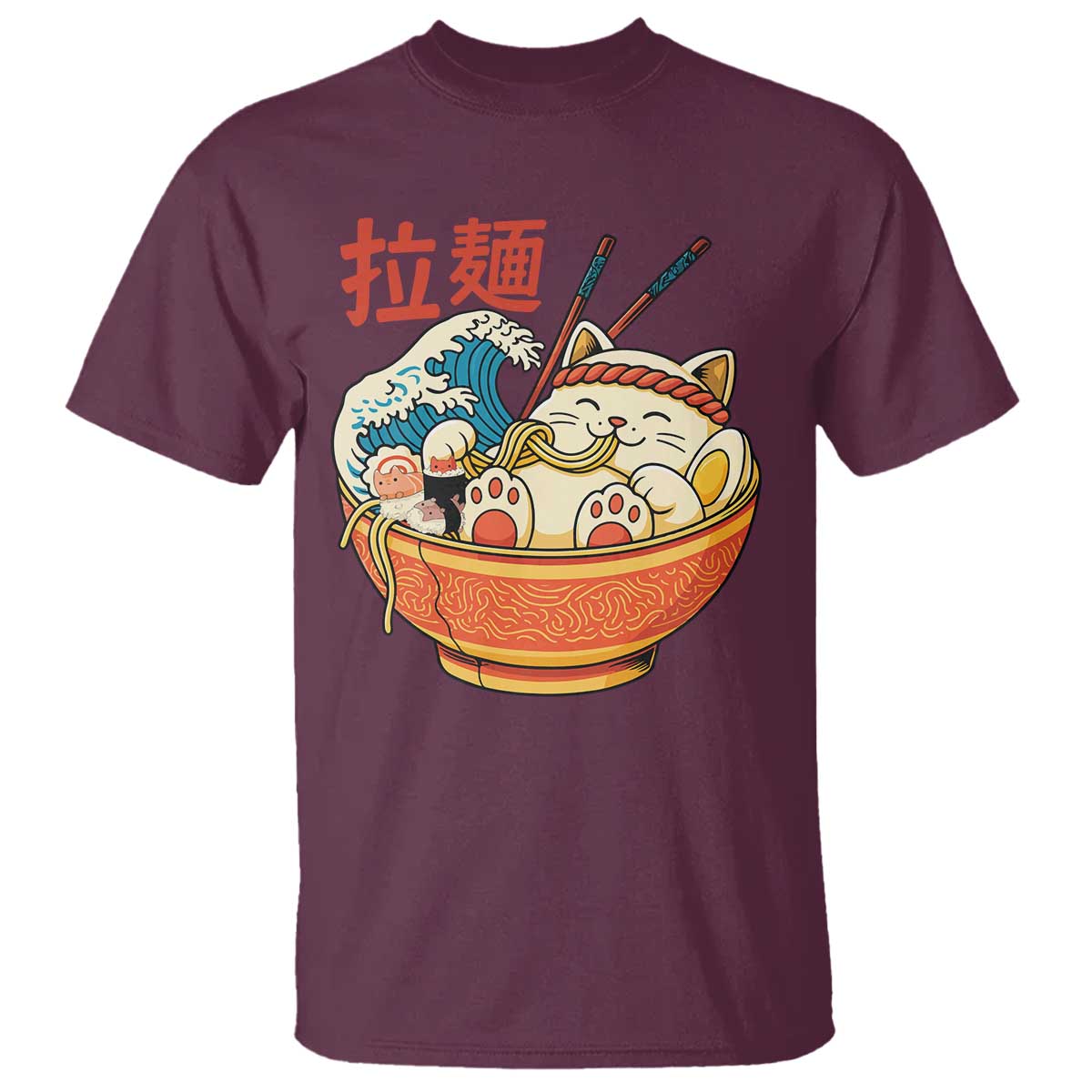 Funny Cat Ramen T Shirt Cute Japanese Sushi Kitty Eating Noodles TS14 Maroon Print Your Wear