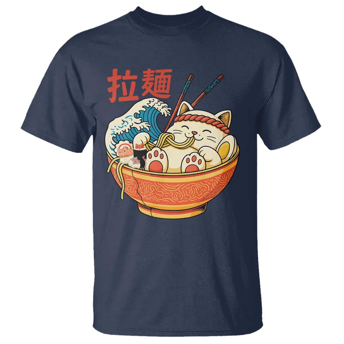 Funny Cat Ramen T Shirt Cute Japanese Sushi Kitty Eating Noodles TS14 Navy Print Your Wear