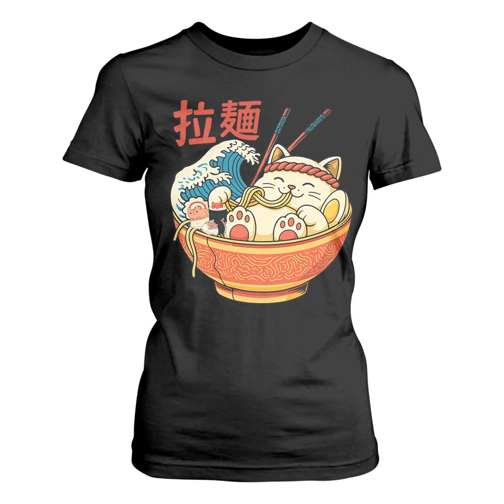 Funny Cat Ramen T Shirt For Women Cute Japanese Sushi Kitty Eating Noodles TS14 Black Print Your Wear