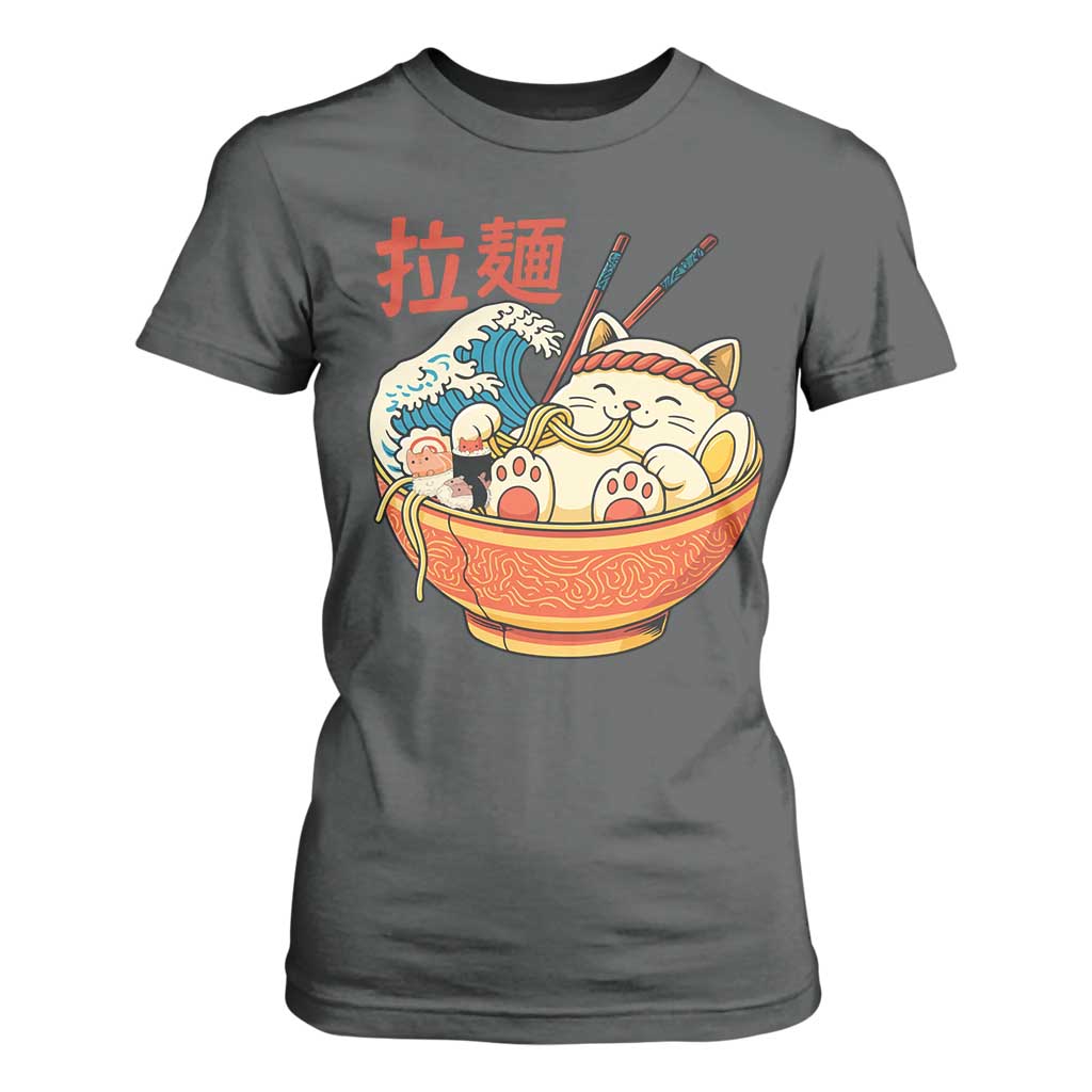 Funny Cat Ramen T Shirt For Women Cute Japanese Sushi Kitty Eating Noodles TS14 Dark Heather Print Your Wear