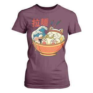 Funny Cat Ramen T Shirt For Women Cute Japanese Sushi Kitty Eating Noodles TS14 Maroon Print Your Wear