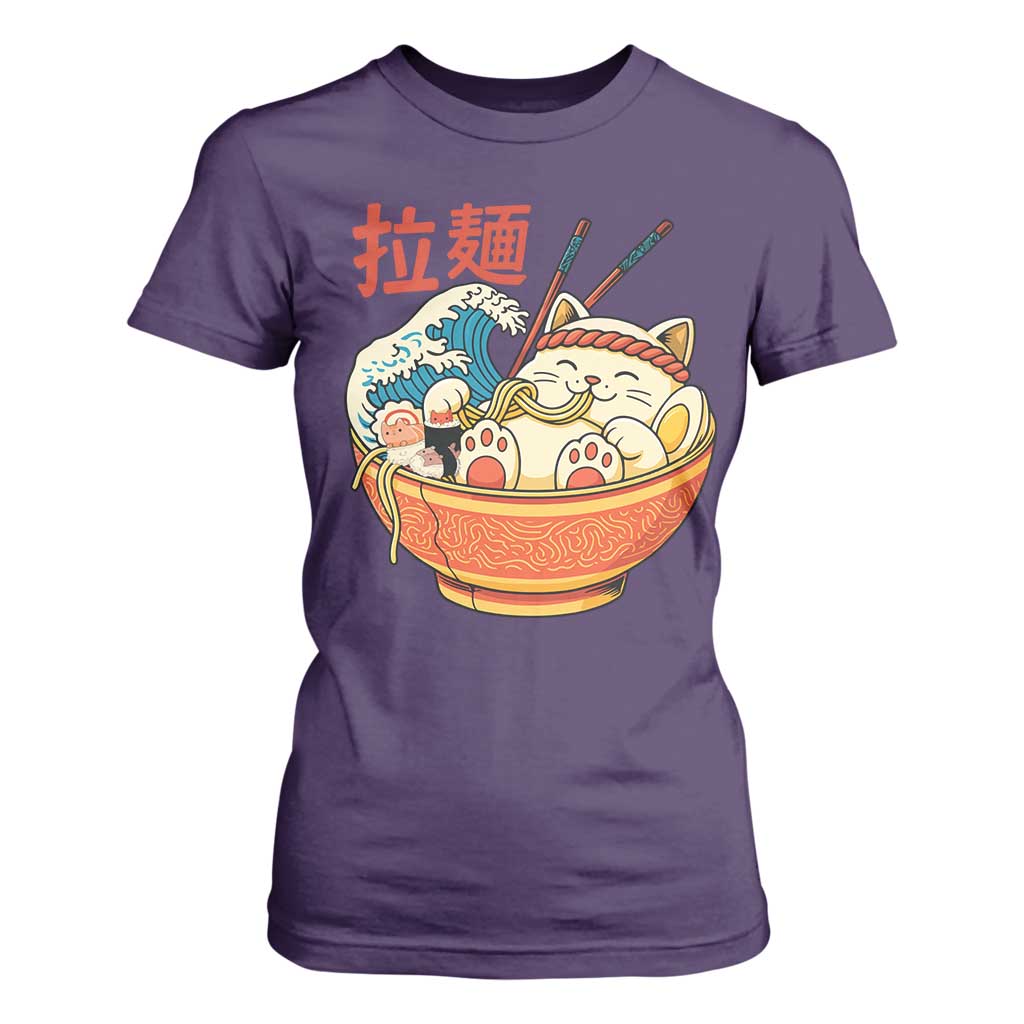 Funny Cat Ramen T Shirt For Women Cute Japanese Sushi Kitty Eating Noodles TS14 Purple Print Your Wear