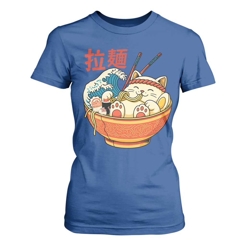 Funny Cat Ramen T Shirt For Women Cute Japanese Sushi Kitty Eating Noodles TS14 Royal Blue Print Your Wear
