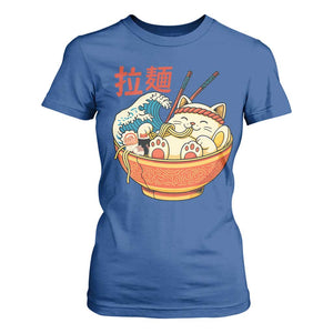 Funny Cat Ramen T Shirt For Women Cute Japanese Sushi Kitty Eating Noodles TS14 Royal Blue Print Your Wear