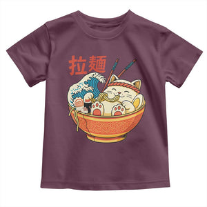 Funny Cat Ramen Toddler T Shirt Cute Japanese Sushi Kitty Eating Noodles TS14 Maroon Print Your Wear