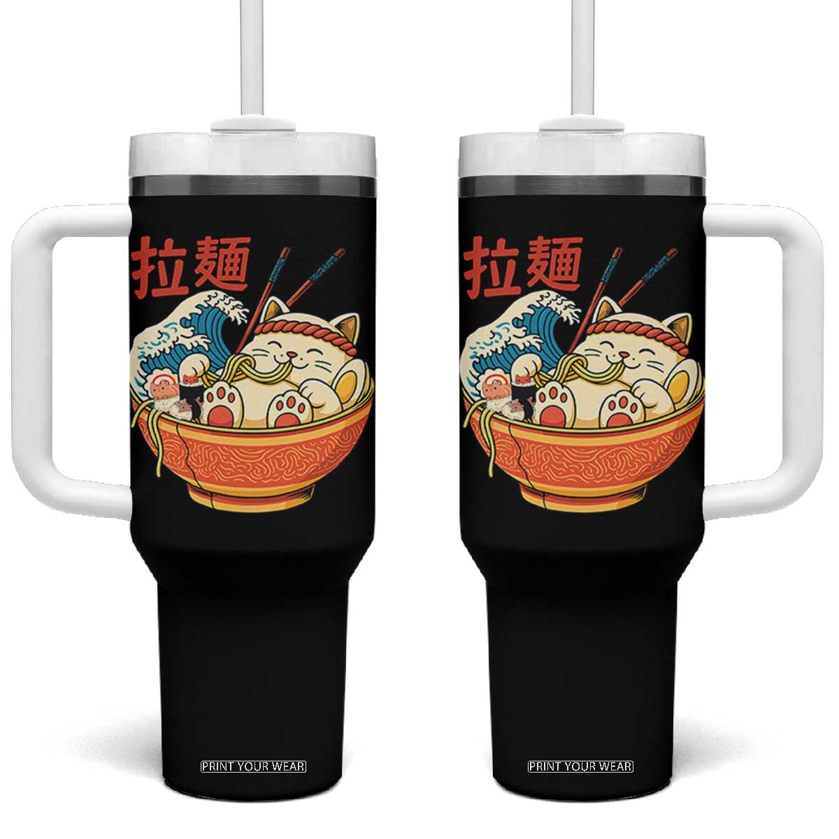 Funny Cat Ramen Tumbler With Handle Cute Japanese Sushi Kitty Eating Noodles TS14 One Size: 40 oz Black Print Your Wear