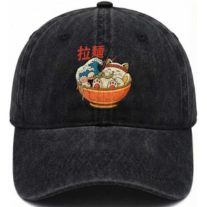 Funny Cat Ramen Washed Cotton Baseball Cap Cute Japanese Sushi Kitty Eating Noodles TS14 Washed Cap Universal Fit Black Print Your Wear
