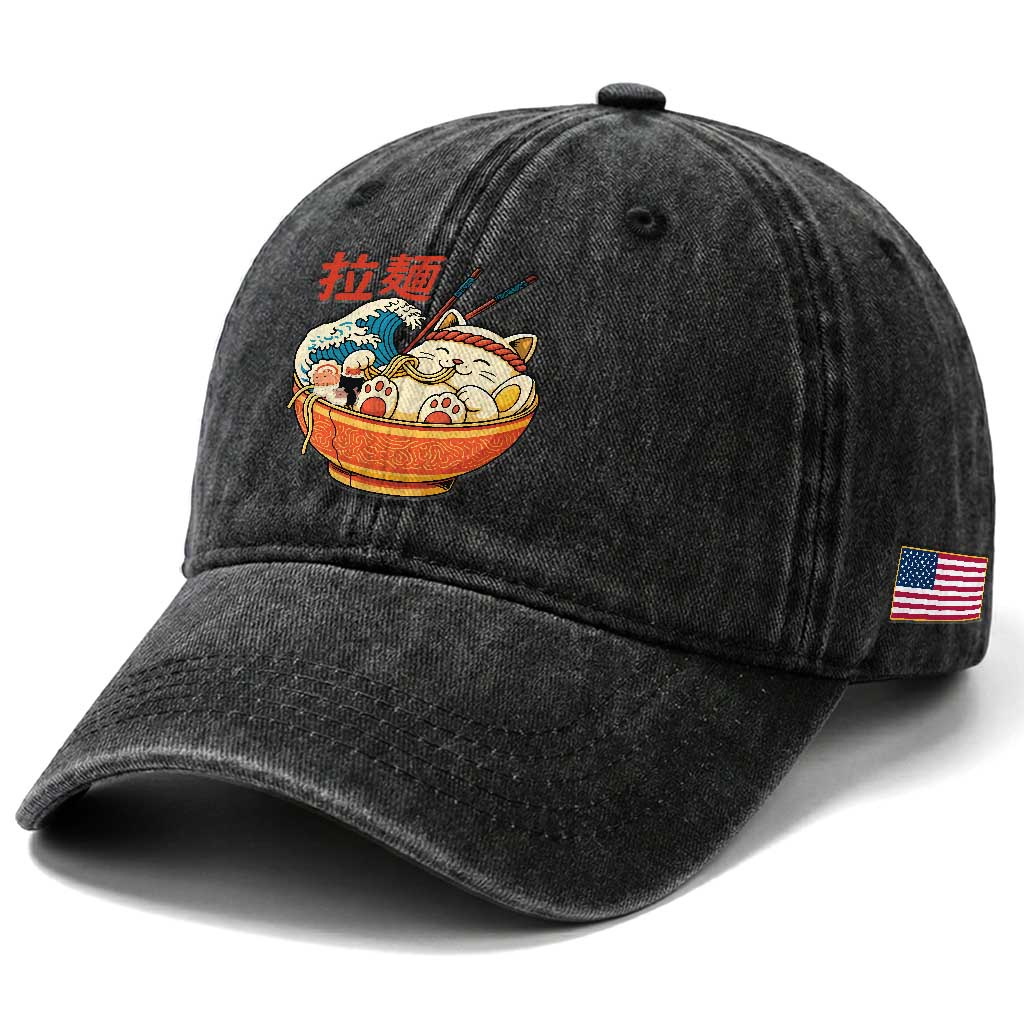 Funny Cat Ramen Washed Cotton Baseball Cap Cute Japanese Sushi Kitty Eating Noodles TS14 Print Your Wear