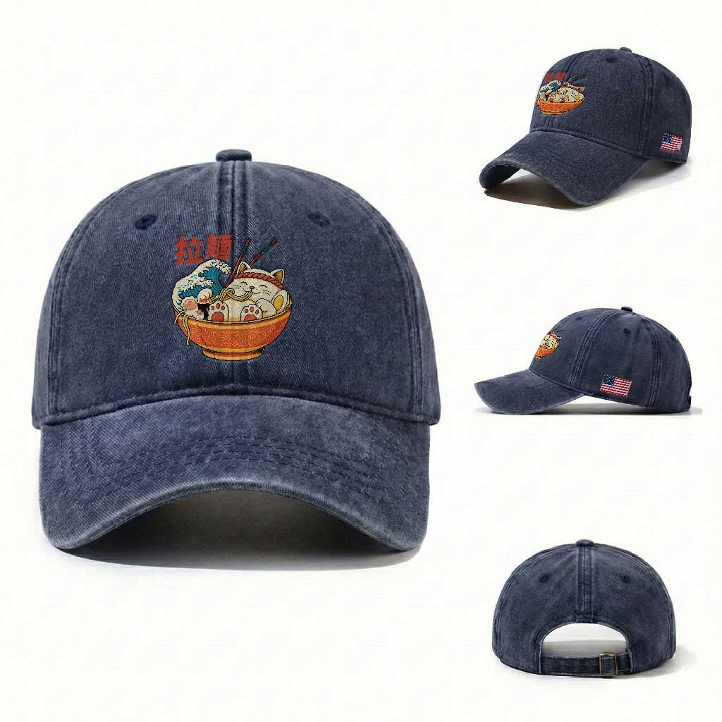 Funny Cat Ramen Washed Cotton Baseball Cap Cute Japanese Sushi Kitty Eating Noodles TS14 Washed Cap Universal Fit Navy Print Your Wear