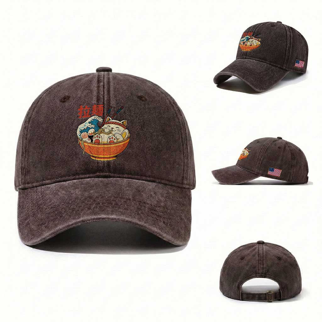 Funny Cat Ramen Washed Cotton Baseball Cap Cute Japanese Sushi Kitty Eating Noodles TS14 Washed Cap Universal Fit Dark Brown Print Your Wear