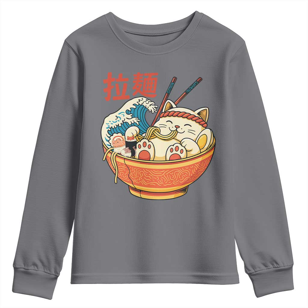 Funny Cat Ramen Youth Sweatshirt Cute Japanese Sushi Kitty Eating Noodles TS14 Charcoal Print Your Wear